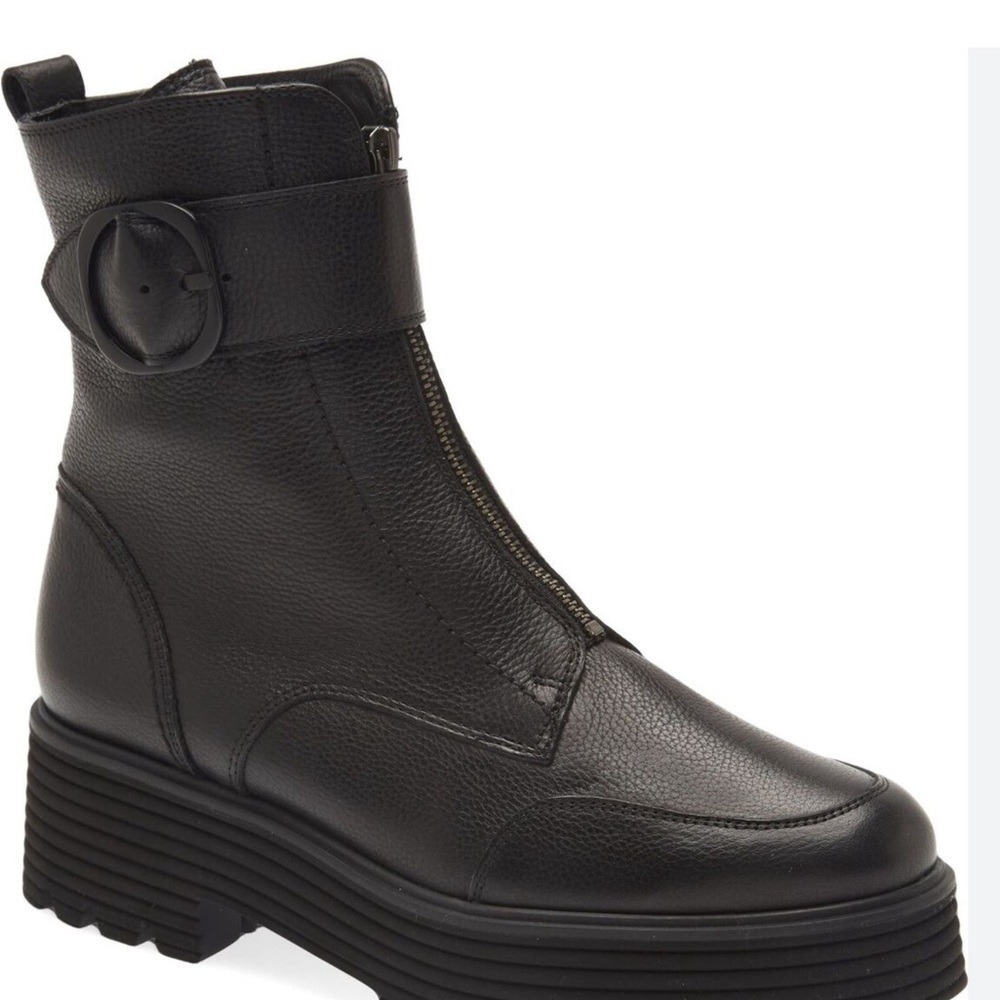 Paul Green Black‎ Leather Front Zip Buckle Lug Sole Boots 34124 6.5